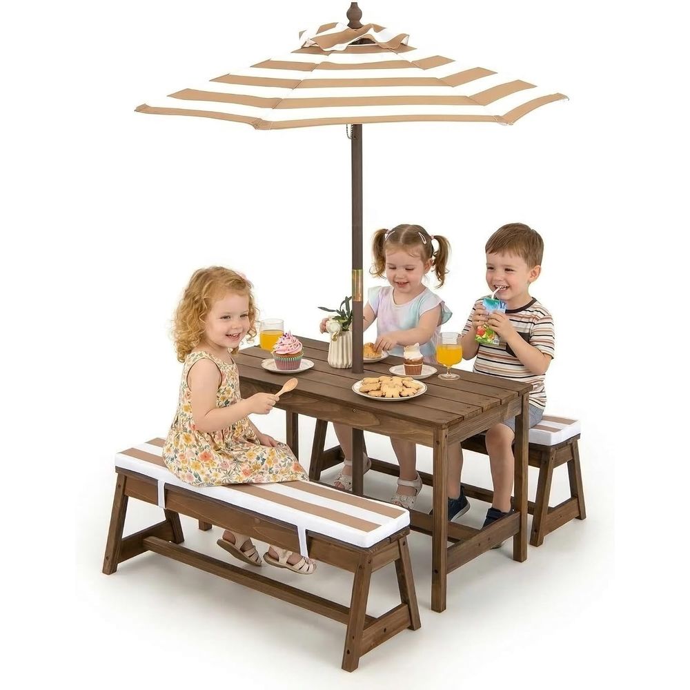 Kids Outdoor Table And Chairs With Umbrella - โต๊ะปิกนิกสำหรับเด็ก, ชุดโต๊ะและเก้าอี้ไม้สำหรับเด็กเล็กพร้อมเบาะรองนั่ง, ร่มปรับระดับความสูงได้, โต๊ะกิจกรรมสำหรับเด็กกลางแจ้ง