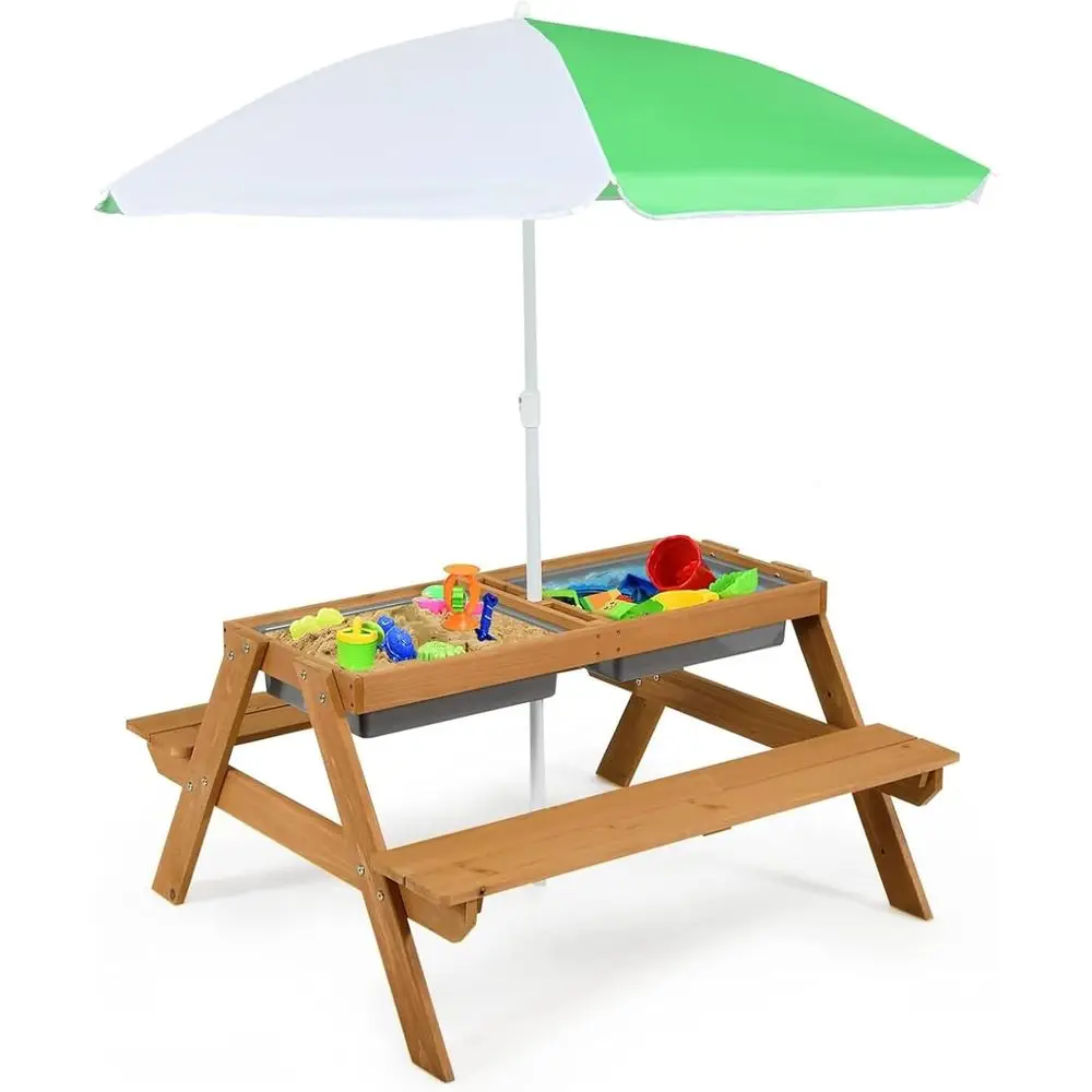Kids Outdoor Sandbox - โต๊ะปิกนิกไม้ 4-in-1 สำหรับเล่นทรายและน้ำ พร้อมกล่องถอดได้และร่มสำหรับเด็ก ชุดเฟอร์นิเจอร์สำหรับสวนหลังบ้านกลางแจ้ง