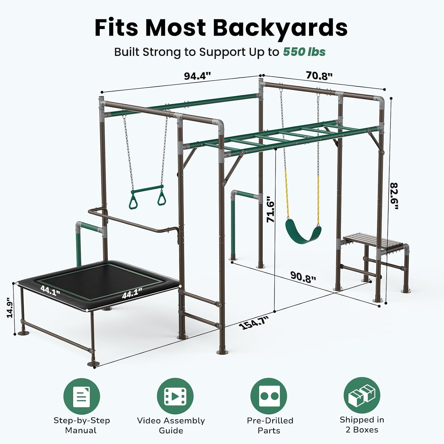 Kids Outdoor Jungle Gym - สนามเด็กเล่นกลางแจ้งพร้อมราวปีนป่าย ชิงช้าสายรัด และราวชิงช้าทรงสี่เหลี่ยมคางหมู สำหรับสนามหลังบ้านเด็ก สามารถปรับแต่งได้