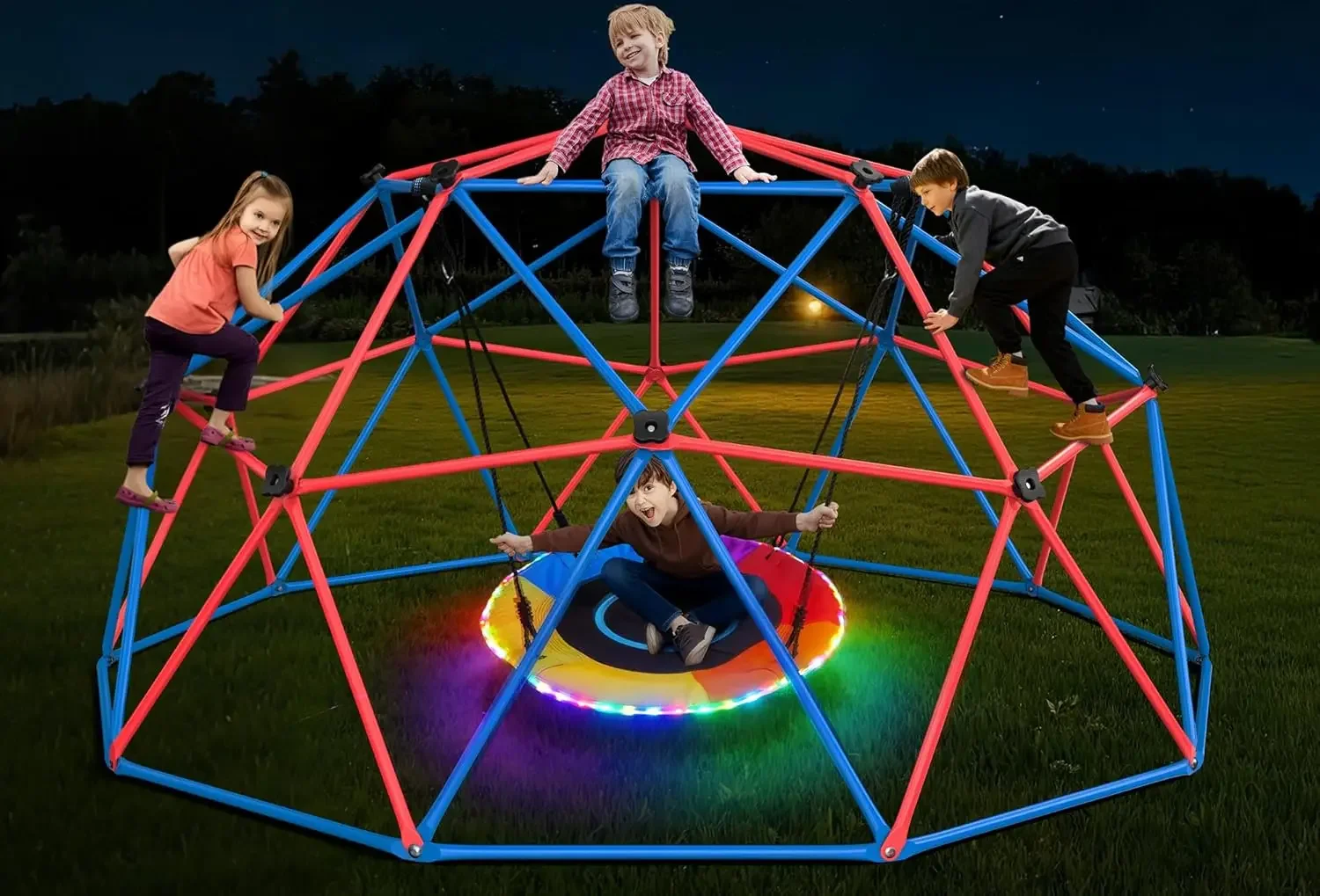 Kids Outdoor Jungle Gym - ชุดชิงช้าปีนป่าย Hapfan พร้อมชิงช้าทรงจานพร้อมไฟ LED, สนามเด็กเล่นกลางแจ้งสำหรับเด็ก, รองรับน้ำหนักได้ถึง