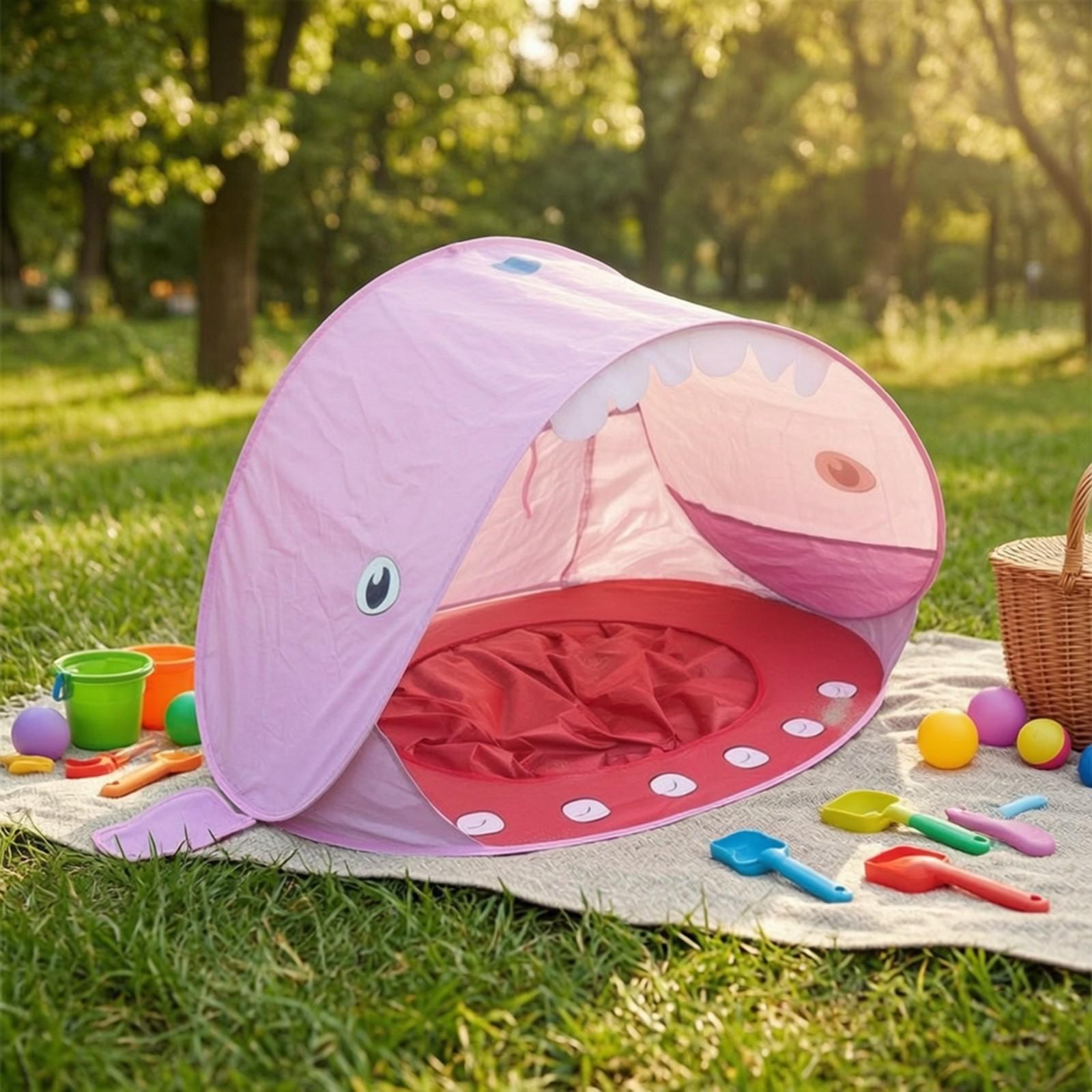 Kids Outdoor Sandbox - เต็นท์ชายหาดสำหรับเด็กพร้อมหลังคาทรงครีบและขอบลายฟัน ที่บังแดดสำหรับเด็ก เหมาะสำหรับเล่นทรายกลางแจ้ง ผจญภัยริมทะเลสาบ