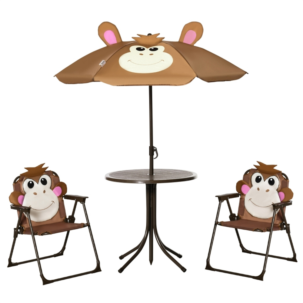 Kids Outdoor Table And Chairs With Umbrella - ชุดโต๊ะเก้าอี้สำหรับเด็ก ลายลิงน่ารัก พร้อมร่มกันแดดลายการ์ตูนแบบถอดได้ เฟอร์นิเจอร์เด็กแบบพับได้ พกพาสะดวกสำหรับใช้งานกลางแจ้ง โต๊ะโลหะทรงกลมพร้อมเก้าอี้พับ