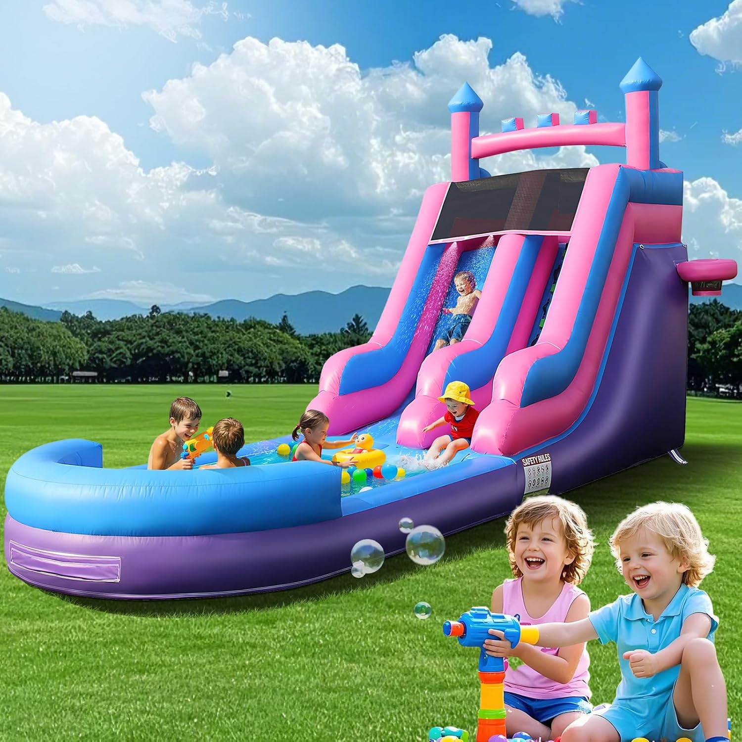 Kids Outdoor Water Park - สไลเดอร์น้ำเป่าลมขนาดใหญ่ 26.2 ฟุต พร้อมสระน้ำขนาดใหญ่ ผลิตจาก PVC