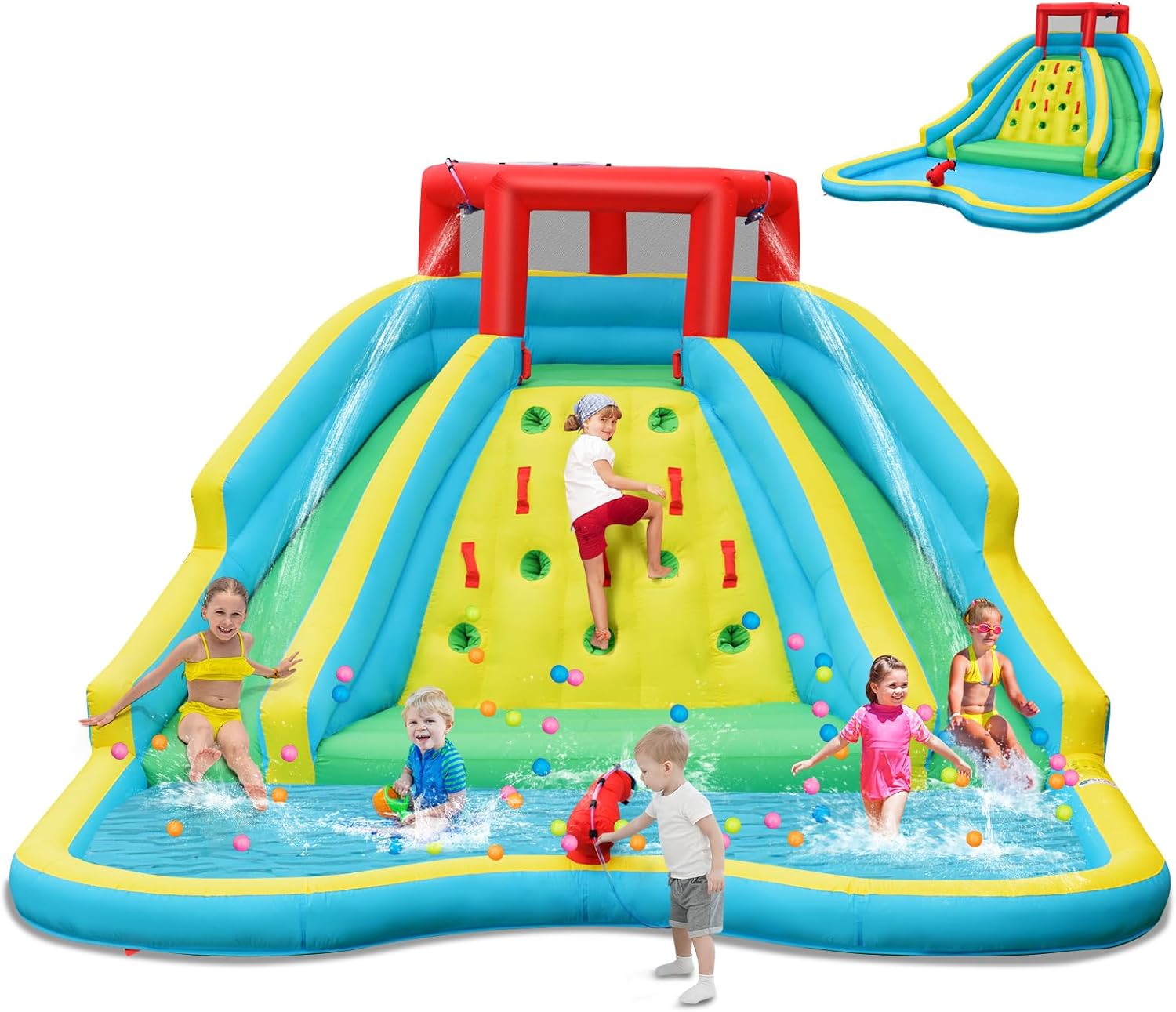 Kids Outdoor Water Park - สไลเดอร์น้ำเป่าลมขนาดใหญ่สำหรับเด็ก สวนน้ำกลางแจ้งพร้อมสไลเดอร์ยาวสองช่อง ผนังปีนป่าย ปืนฉีดน้ำและสายยาง สระน้ำขนาดใหญ่ สไลเดอร์น้ำเป่าลมสำหรับสนามหลังบ้าน