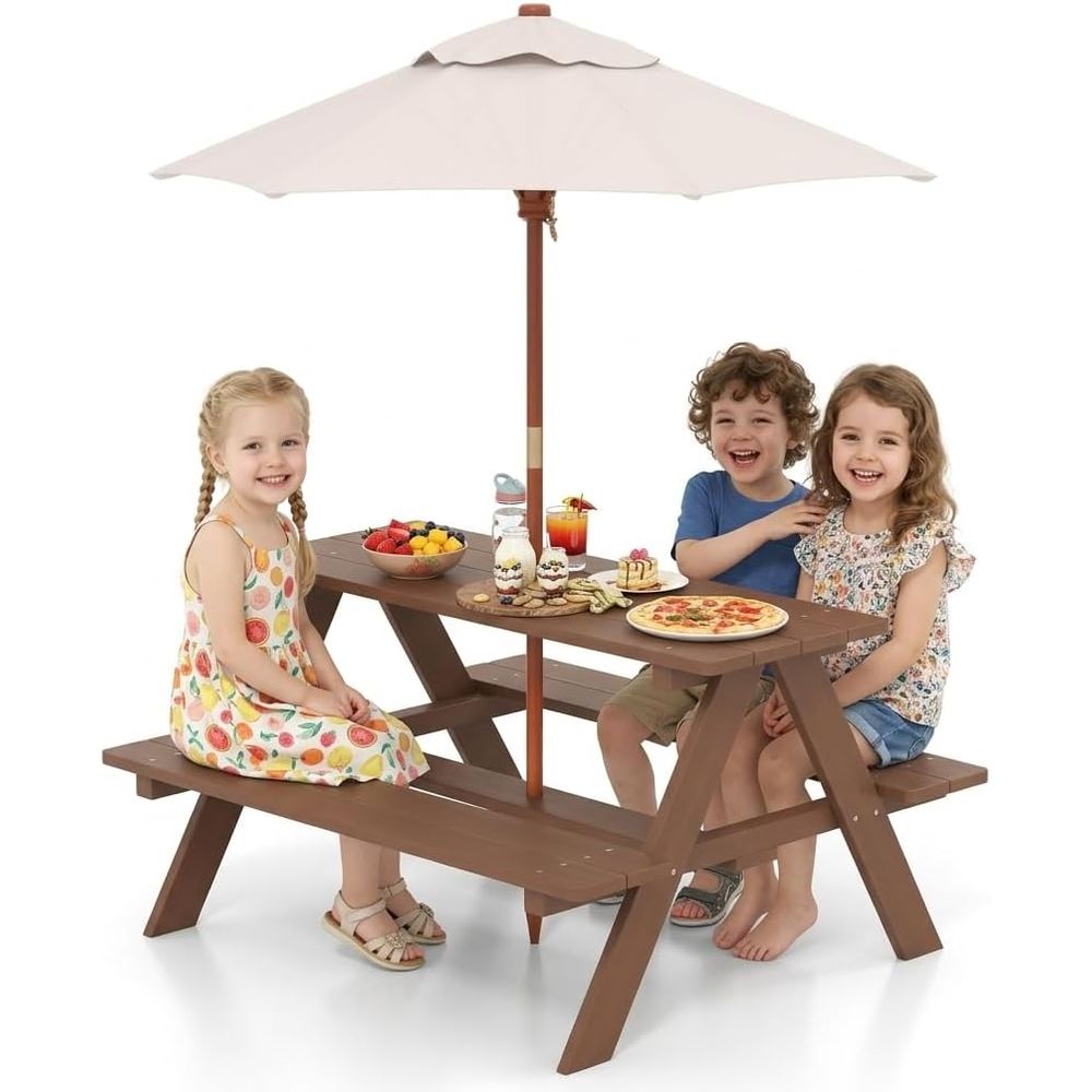 Kids Outdoor Table And Chairs With Umbrella - โต๊ะปิกนิกสำหรับเด็ก, โต๊ะและเก้าอี้ไม้สำหรับเด็กสำหรับใช้งานกลางแจ้งพร้อมร่มถอดได้, โต๊ะปิกนิกสำหรับเด็กเล็กหรือใช้ในลานบ้าน, สวนหลังบ้าน, สวน