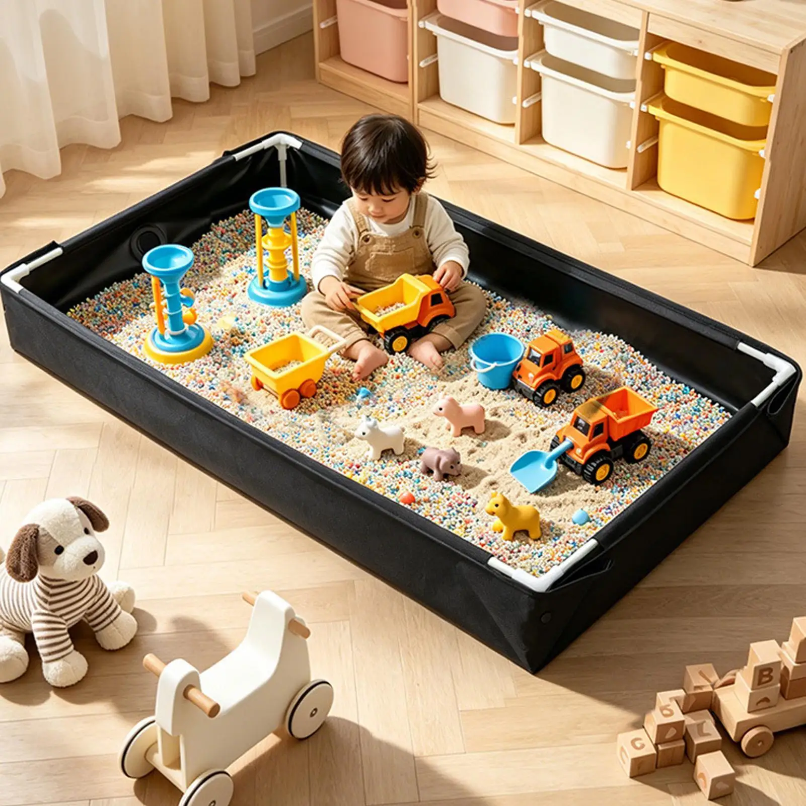 Kids Outdoor Sandbox - กระบะทรายพับได้สำหรับเล่นน้ำกลางแจ้ง พร้อมท่อระบายน้ำที่ถอดออกได้ กระบะทรายพกพาสำหรับใช้ในบ้าน แคมป์ปิ้ง รถบ้าน และชายหาดสำหรับเด็ก