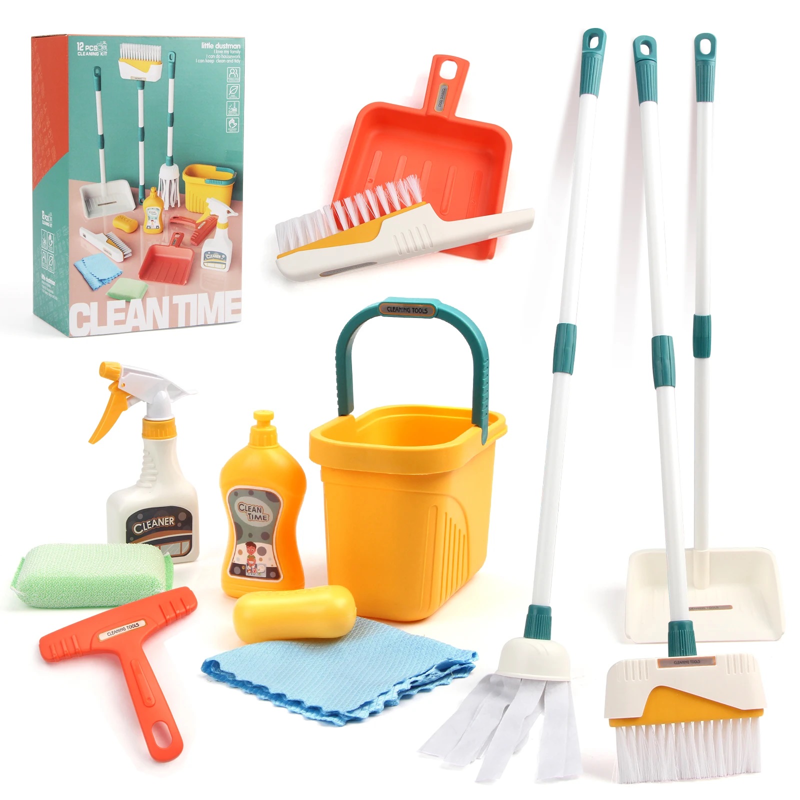 Kids Outdoor Broom - 12 ชิ้น/เซ็ตเด็กชุดทําความสะอาดงานบ้านชุดอุปกรณ์ที่โกยผงไม้กวาดถัง Mop ชุดทําความสะอาด Play House