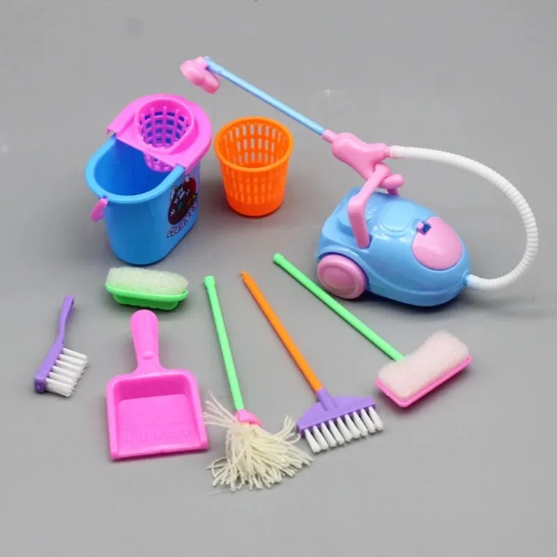 Kids Outdoor Broom - ชุดของเล่นทําความสะอาดขนาดเล็ก 9 ชิ้น - ไม้กวาดบ้านตุ๊กตา, ไม้ถูพื้นและอุปกรณ์เสริมถังสําหรับเด็ก,