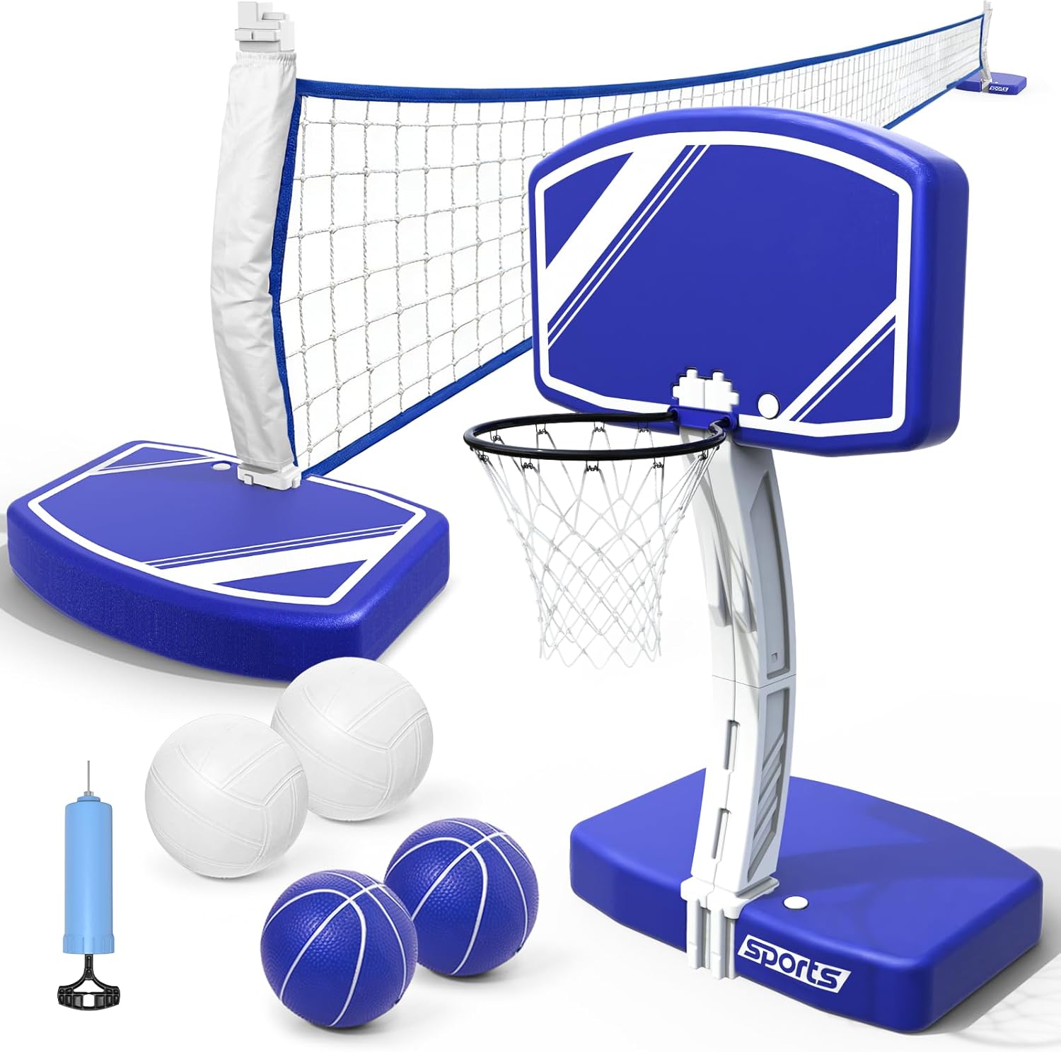 Kids Outdoor Volleyball Net - ชุดห่วงบาสเก็ตบอลและตาข่ายวอลเลย์บอล 2-in-1 สำหรับสระว่ายน้ำ - ของเล่นสระว่ายน้ำ เกมบาสเก็ตบอลพร้อมฐานถ่วงน้ำหนักและขาตั้ง