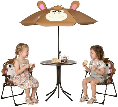 Kids Outdoor Table And Chairs With Umbrella - ชุดโต๊ะและเก้าอี้สำหรับเด็ก โต๊ะปิกนิกพร้อมร่มลายลิงสีน้ำตาล | เฟอร์นิเจอร์สวนพับได้สำหรับกลางแจ้ง, ลานหลังบ้าน