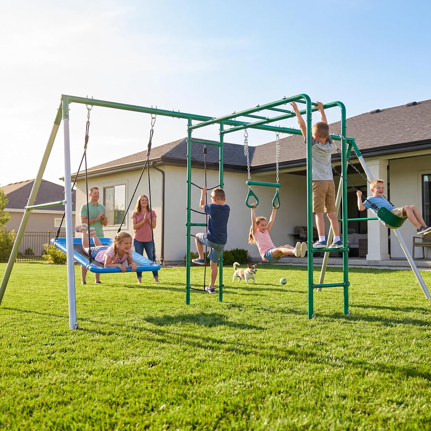 Kids Outdoor Monkey Bar Set - ชุดชิงช้าสนามหลังบ้านพร้อมราวปีนป่าย 5-in-1 สนามเด็กเล่นโครงเหล็ก อุปกรณ์เล่นกลางแจ้งสำหรับเด็ก ปรับแต่งได้