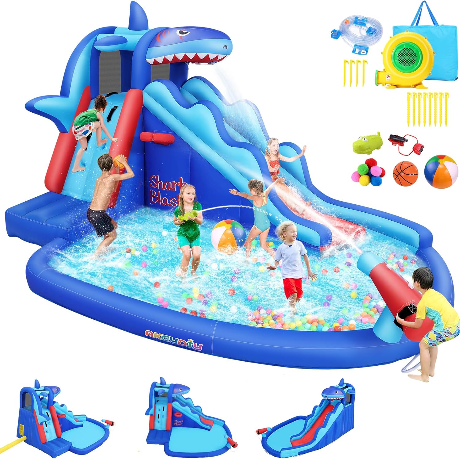Kids Outdoor Water Park - สวนน้ำเป่าลมธีมฉลามสำหรับเด็ก: สไลเดอร์น้ำเป่าลมกลางแจ้งพร้อมผนังปีนป่าย, ห่วงบาสเก็ตบอล, สระน้ำเล่น และปืนฉีดน้ำสำหรับความสนุกในสวนหลังบ้าน