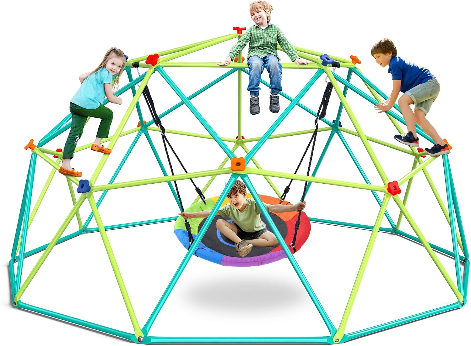 Kids Outdoor Jungle Gym - ชุดชิงช้าโดมปีนป่ายสูง 10 ฟุต พร้อมชิงช้าทรงจานสำหรับเด็กอายุ 3-12 ปี