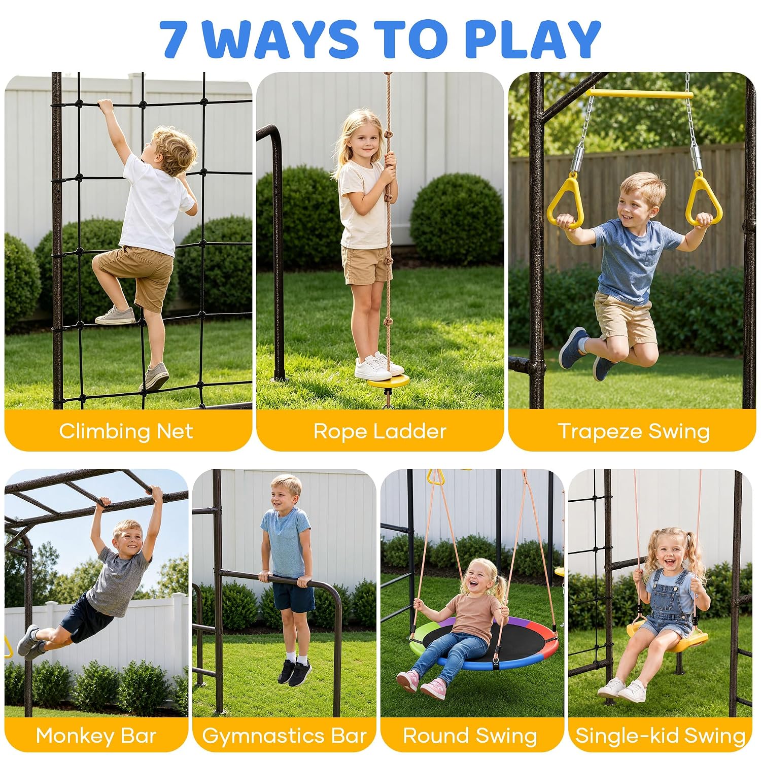 Kids Outdoor Jungle Gym - ชุดเครื่องเล่นสนามกลางแจ้ง 7-in-1 พร้อมบาร์ปีนป่าย ชิงช้า ตาข่ายปีนป่าย บันไดเชือก