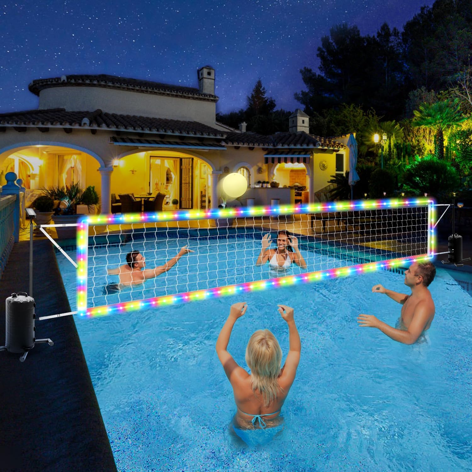 Kids Outdoor Volleyball Net - ตาข่ายวอลเลย์บอลน้ำแบบปรับได้สำหรับสระว่ายน้ำในพื้นดิน พร้อมไฟ LED พลังงานแสงอาทิตย์ ลูกบอลเรืองแสง ปั๊ม