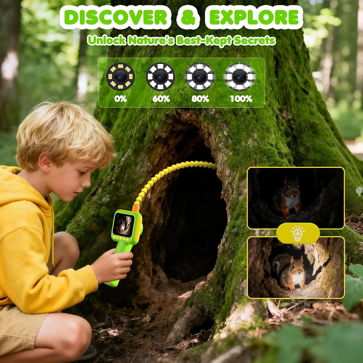 Kids Outdoor Explorer Kit - กล้องเอนโดสโคปสำหรับเด็ก, กล้องส่องตรวจแบบงูพร้อมไฟ, ของเล่นวิทยาศาสตร์ STEM เพื่อการศึกษาสำหรับการสำรวจธรรมชาติและการตั้งแคมป์กลางแจ้ง