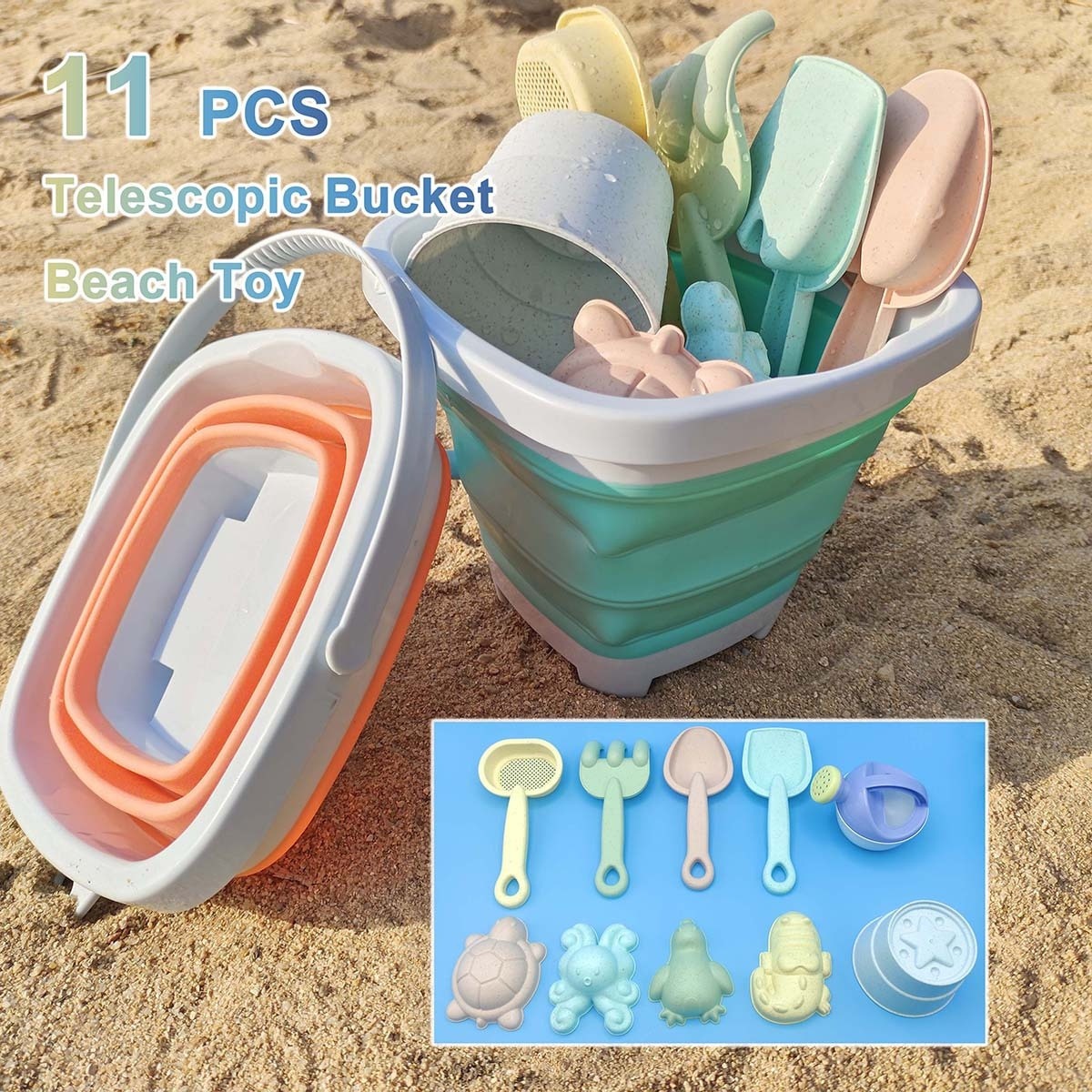 Kids Outdoor Sandbox - ชุดเล่นทรายชายหาด 11 ชิ้น ชุดถังพับได้ ของเล่นฤดูร้อนสำหรับเด็ก เกมกลางแจ้ง