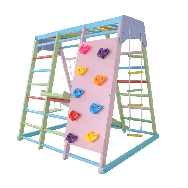 Kids Outdoor Jungle Gym - ชุดเครื่องเล่นปีนป่ายไม้สำหรับเด็ก พร้อมชิงช้า สไลเดอร์ และอุปกรณ์ออกกำลังกายกลางแจ้ง สำหรับใช้ในบ้านและโรงเรียน