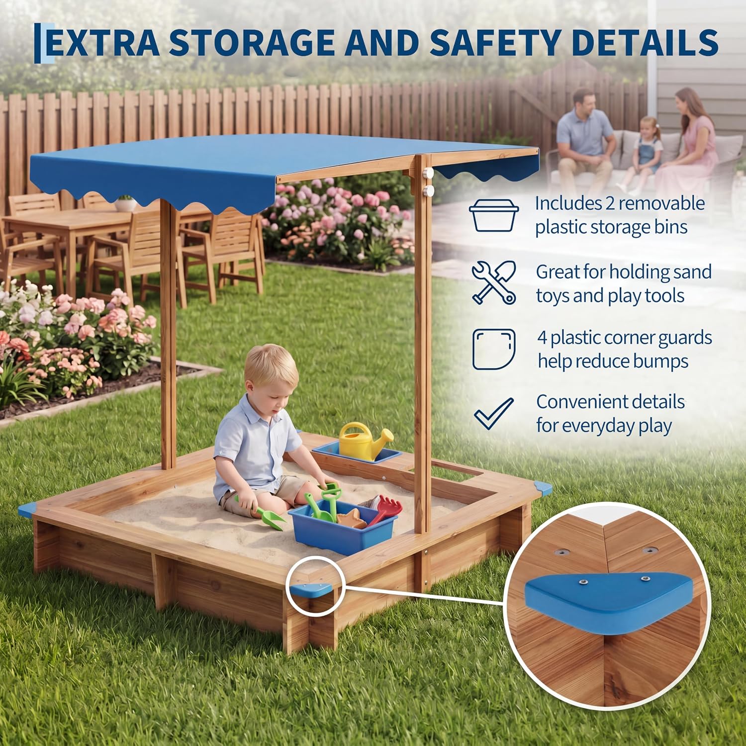 Kids Outdoor Sandbox - หลุมทรายกลางแจ้งสำหรับเด็ก สนามเด็กเล่นไม้สำหรับเด็กก่อนวัยเรียนและอนุบาล พื้นที่เล่นทรายกลางแจ้งในสวนหลังบ้าน พร้อมถังเก็บทราย 2 ใบ