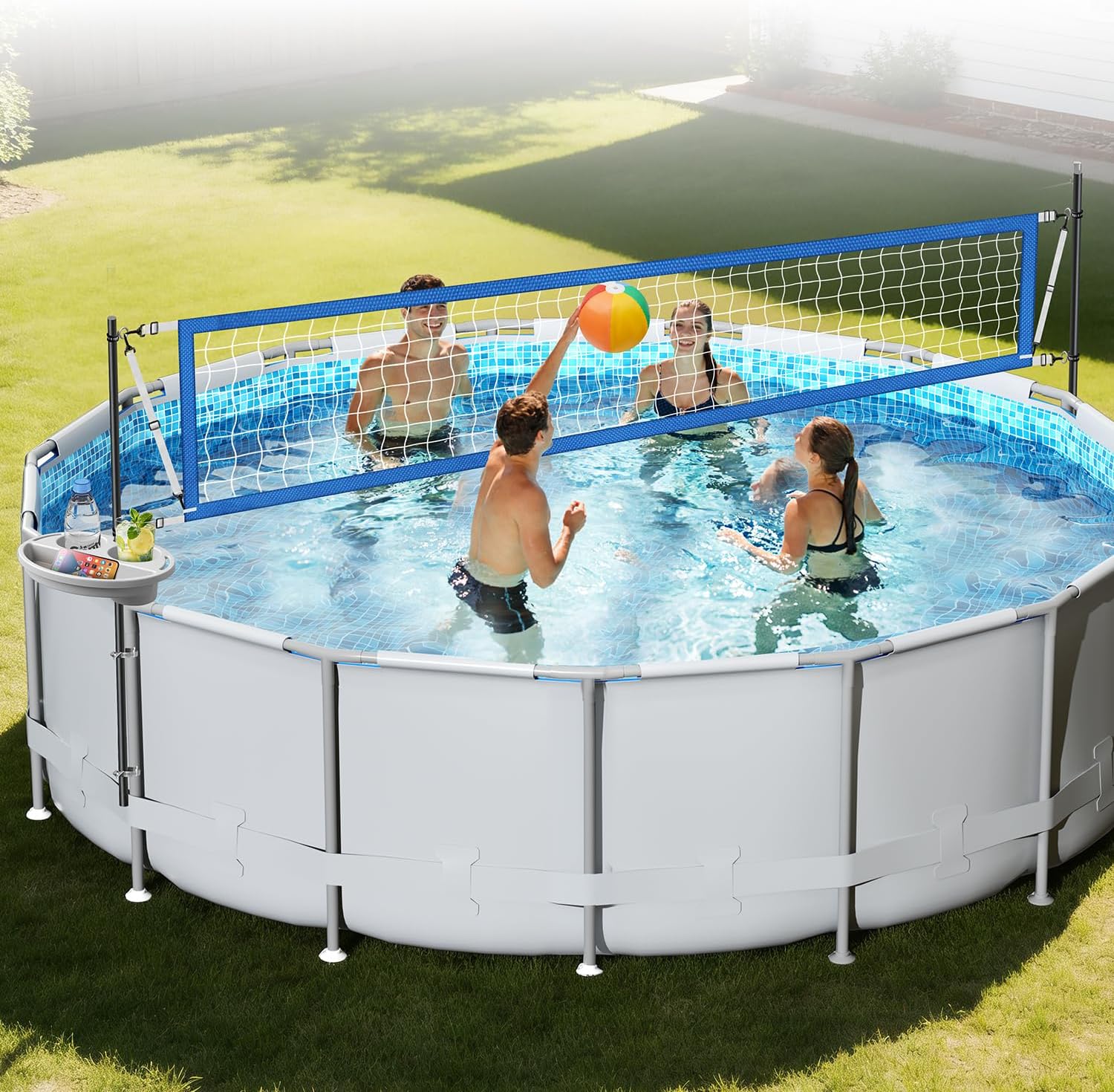 Kids Outdoor Volleyball Net - ชุดตาข่ายวอลเลย์บอลสำหรับสระว่ายน้ำเหนือพื้นดินพร้อมถาดเก็บของ – ตาข่ายป้องกันการยุบตัวปรับได้ 10-20 ฟุต, เสา,