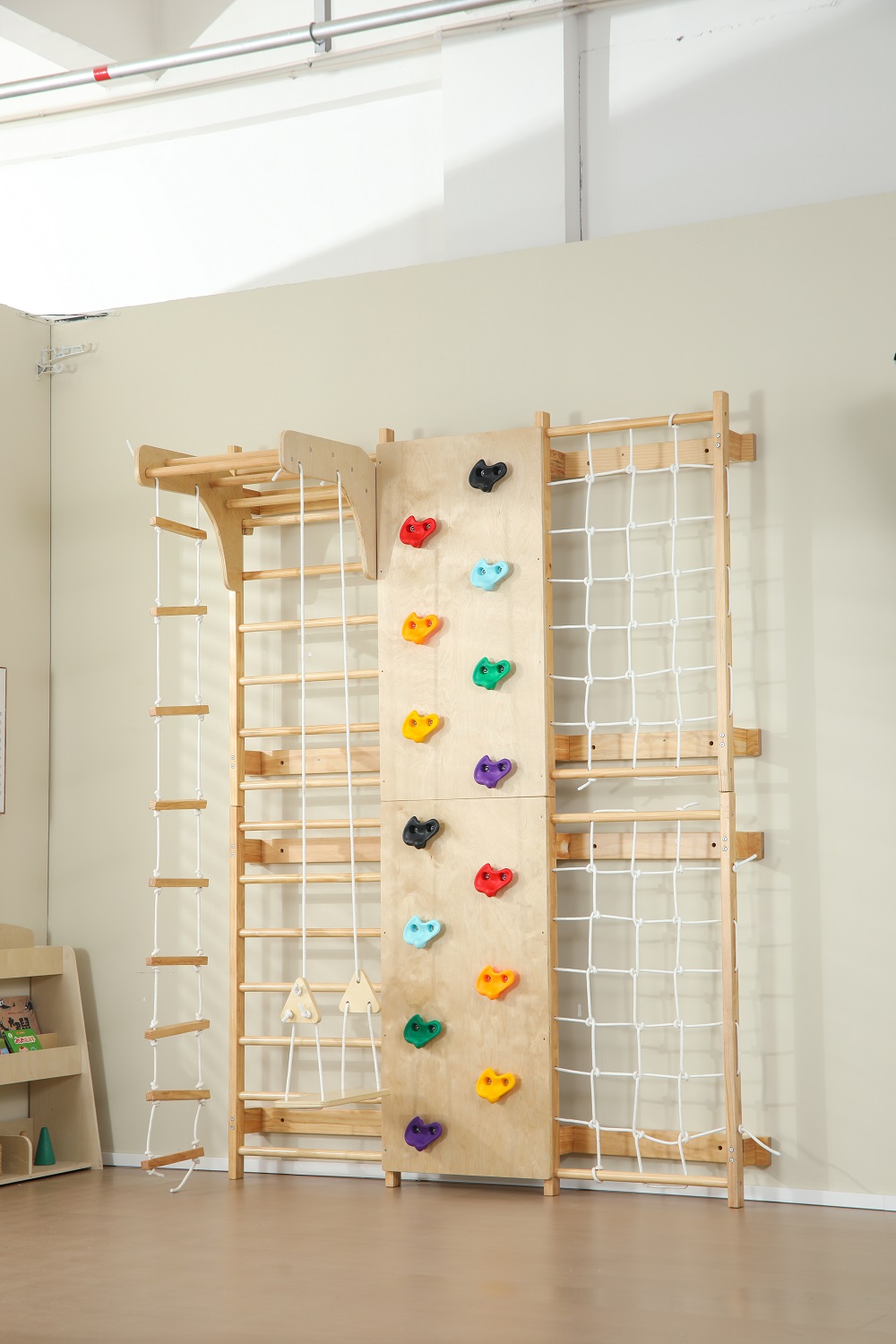 Kids Outdoor Monkey Bar Set - บาร์โหนสำหรับเด็กในร่มและกลางแจ้ง ทำจากไม้เนื้อแข็ง ติดผนังได้ บันไดสวีเดนสำหรับเด็กเล็ก มีสินค้าในสต็อก
