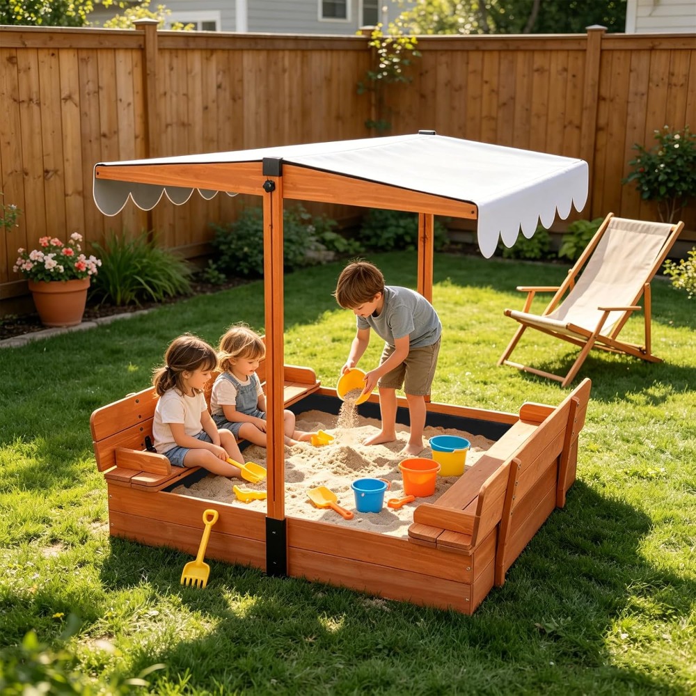กระบะทรายไม้สำหรับเด็กพร้อมฝาป - Kids Outdoor Sandbox บทวิจารณ์และราคา