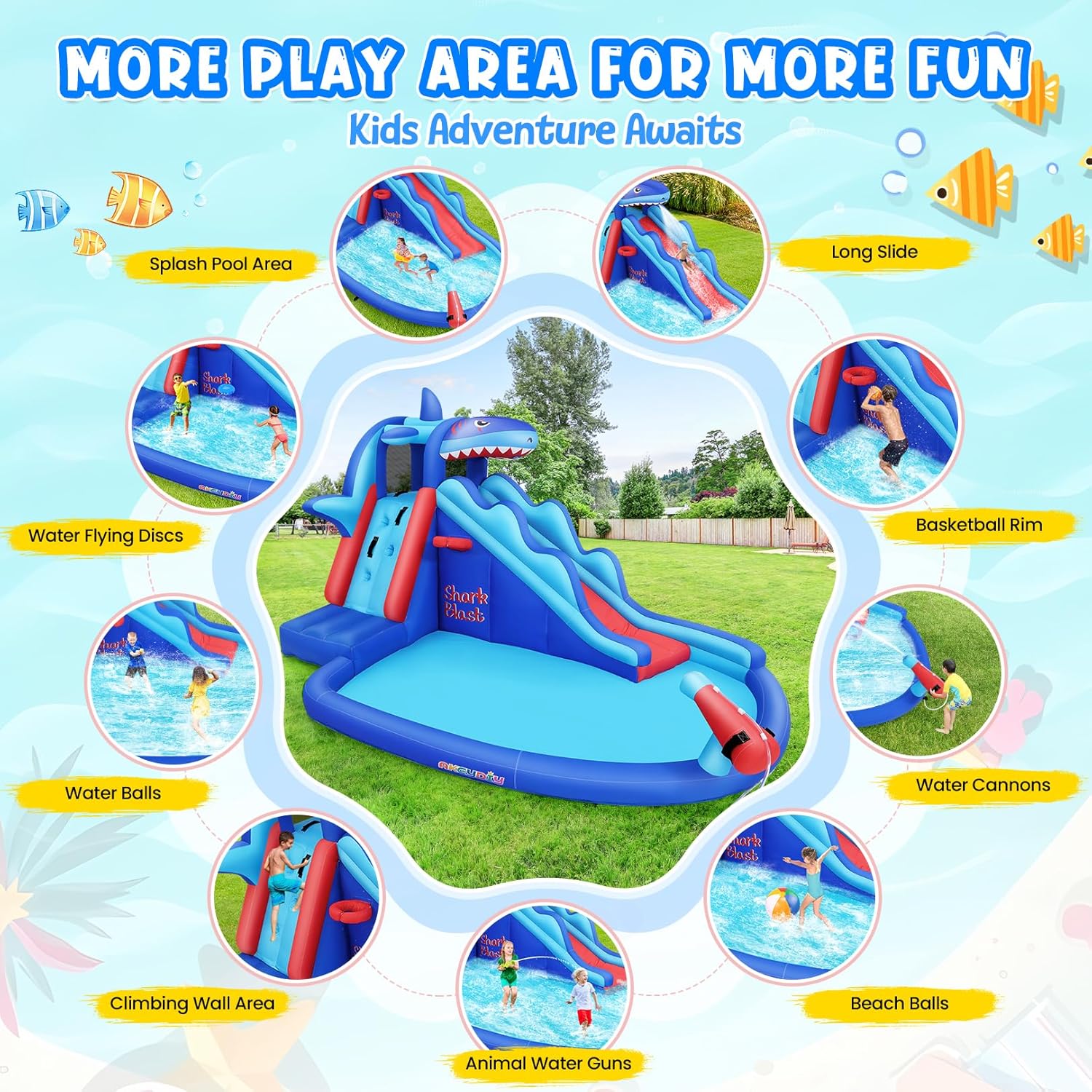 สวนน้ำเป่าลมธีมฉลามสำหรับเด็ก: - Kids Outdoor Water Park บทวิจารณ์และราคา